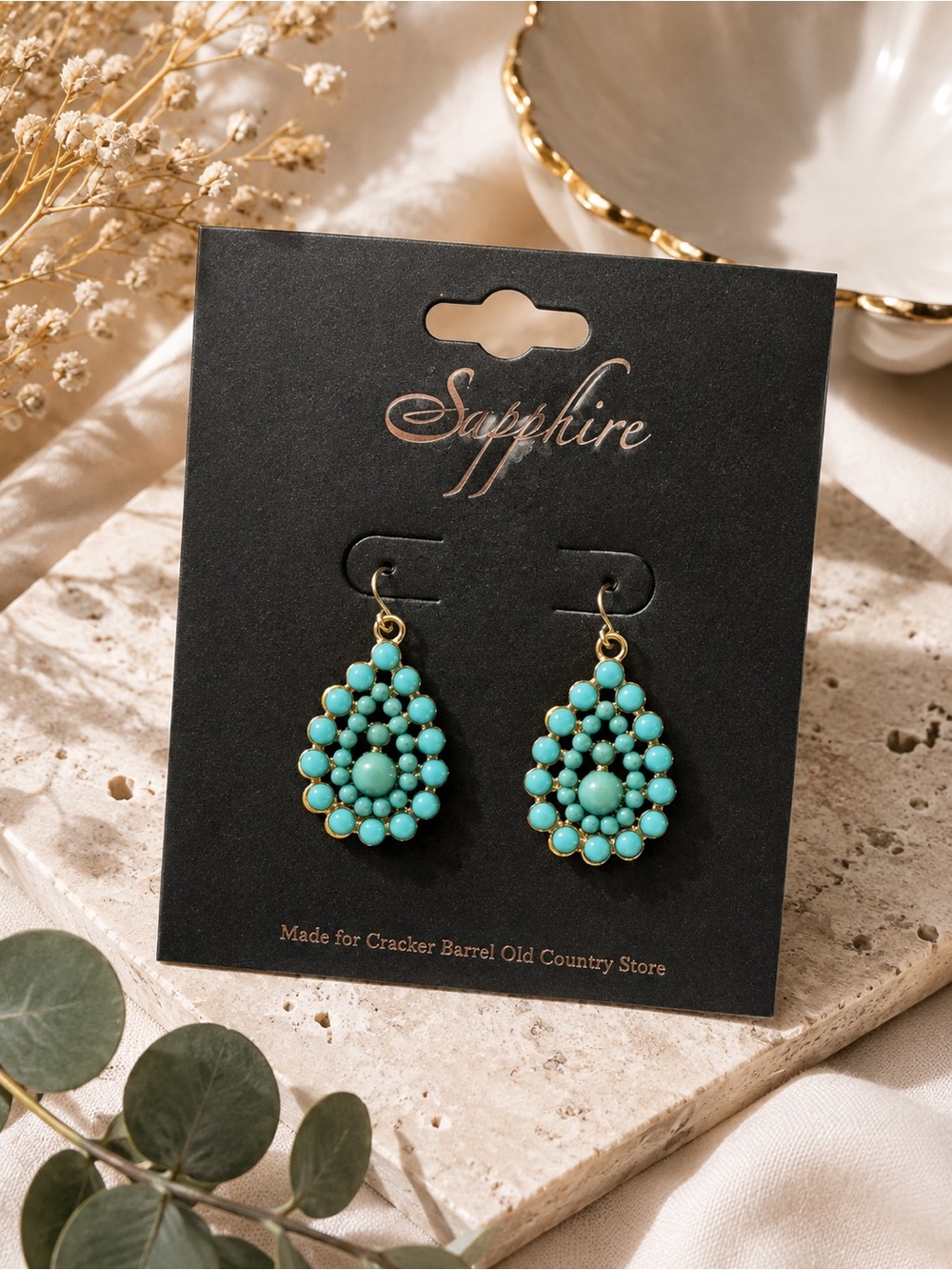 💎 Sapphire Teardrop Turquoise Cluster Dangle Earrings
